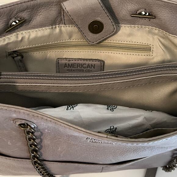 American Leather Co Womens Saco Chain Satchel Grey Smooth Leather Shoulder Bag - Picture 5 of 16
